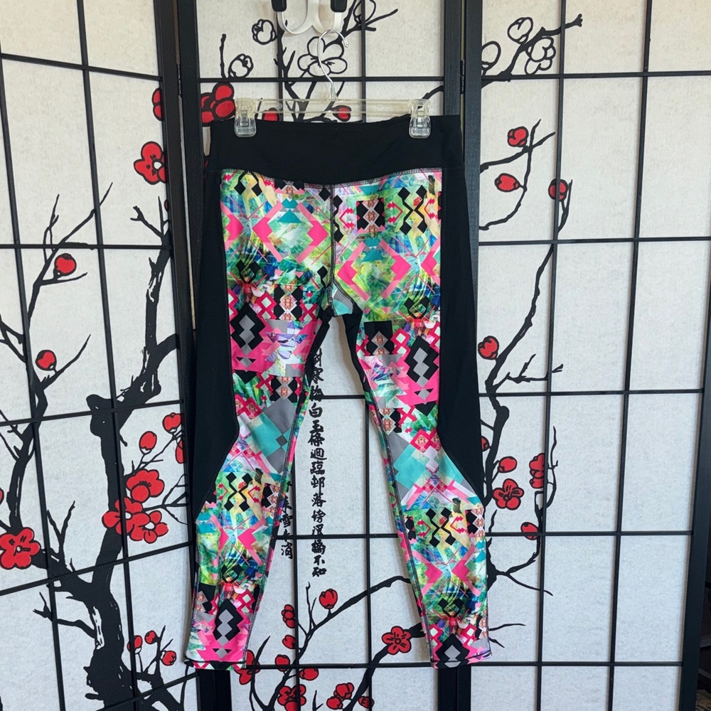 Pink Lotus XL Colorful Geometric Exercise Stretch Compression Running Leggings